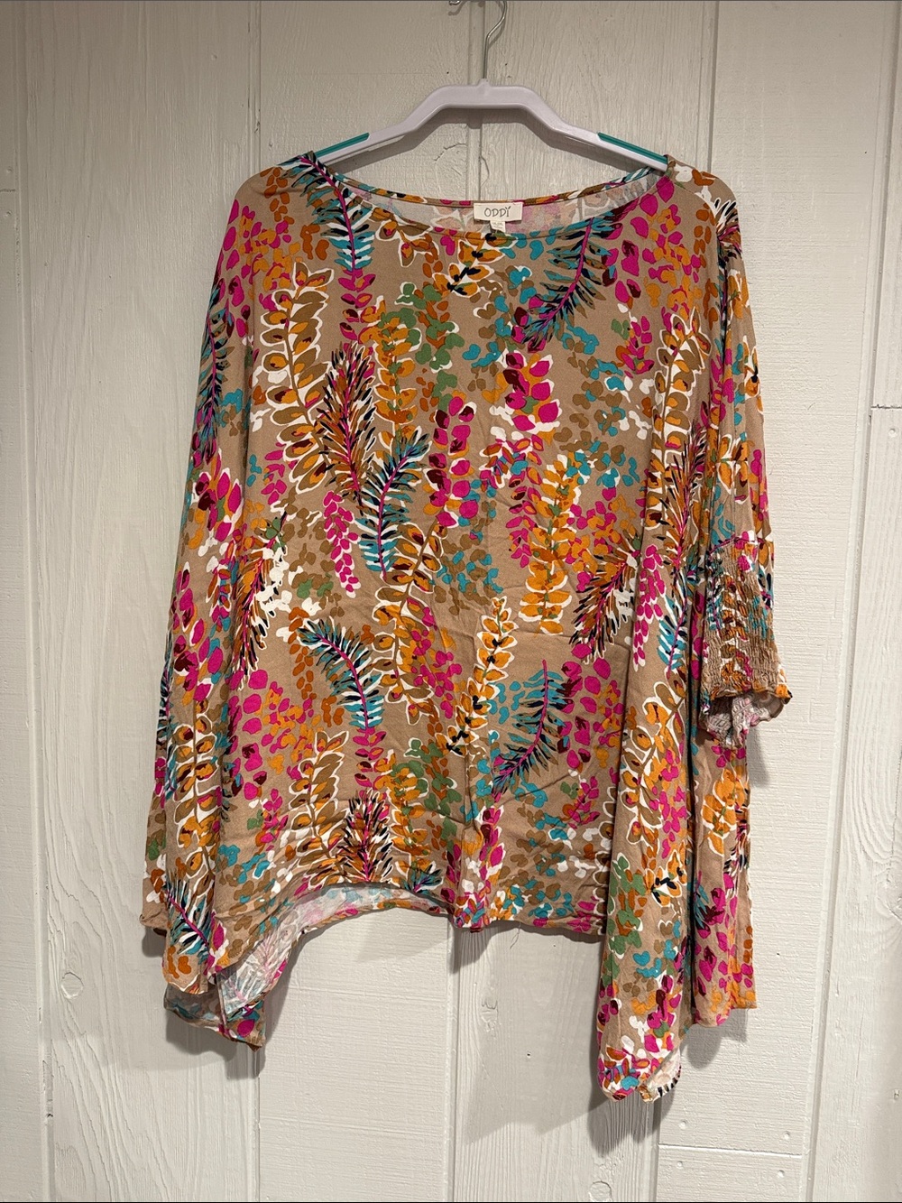 ODDY Tan Floral Print Flowing Women's Blouse with Pink & Teal Accents